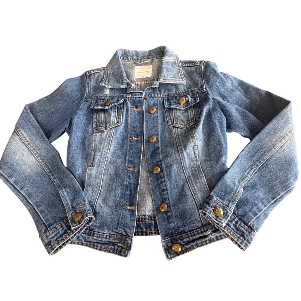COPPER KEY Blue Denim Trucker Jacket Distressed Med Wash Wmns SMALL Preppy Crop
